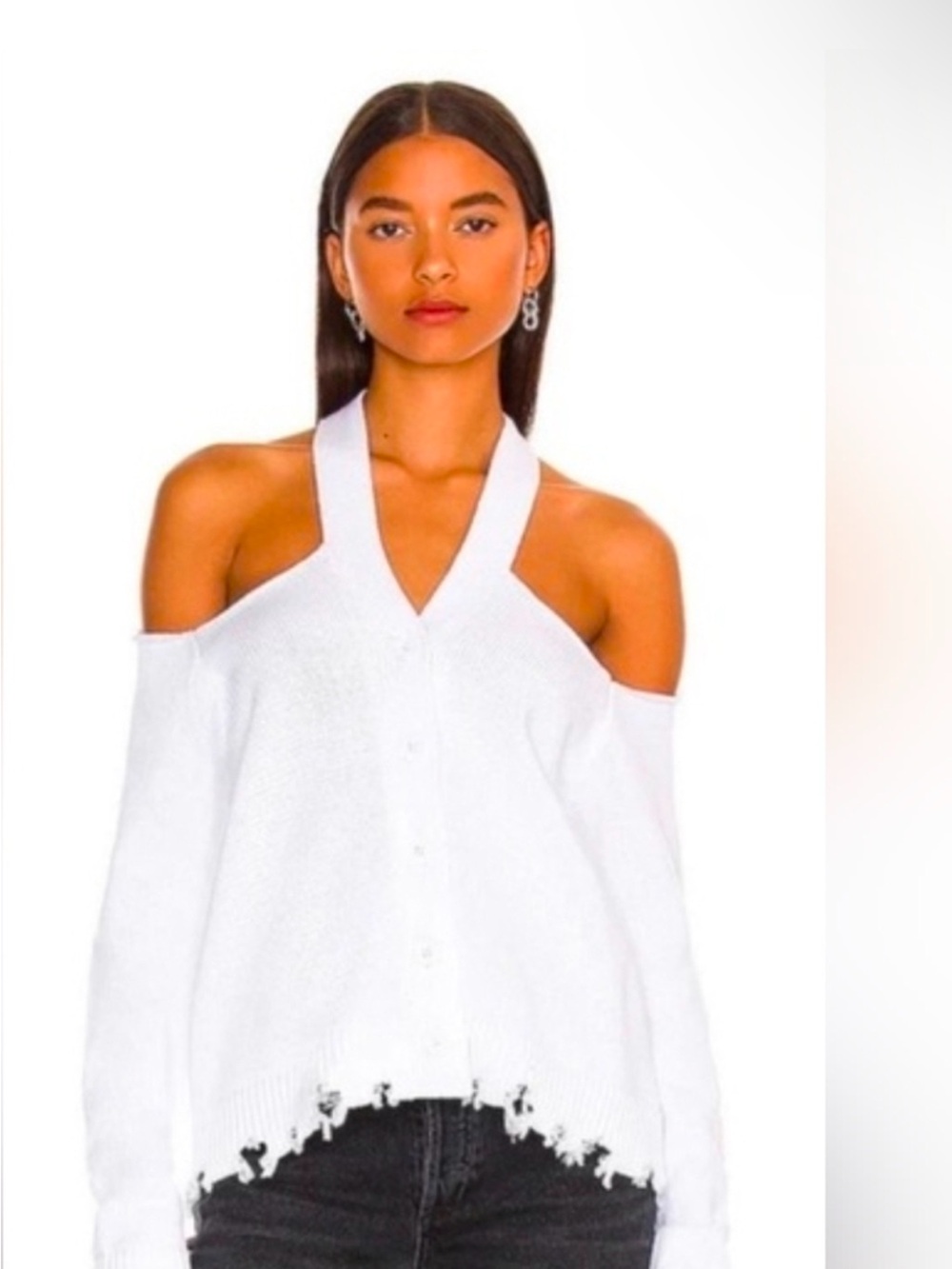 525 America White Off-the-Shoulder Distressed Sweater